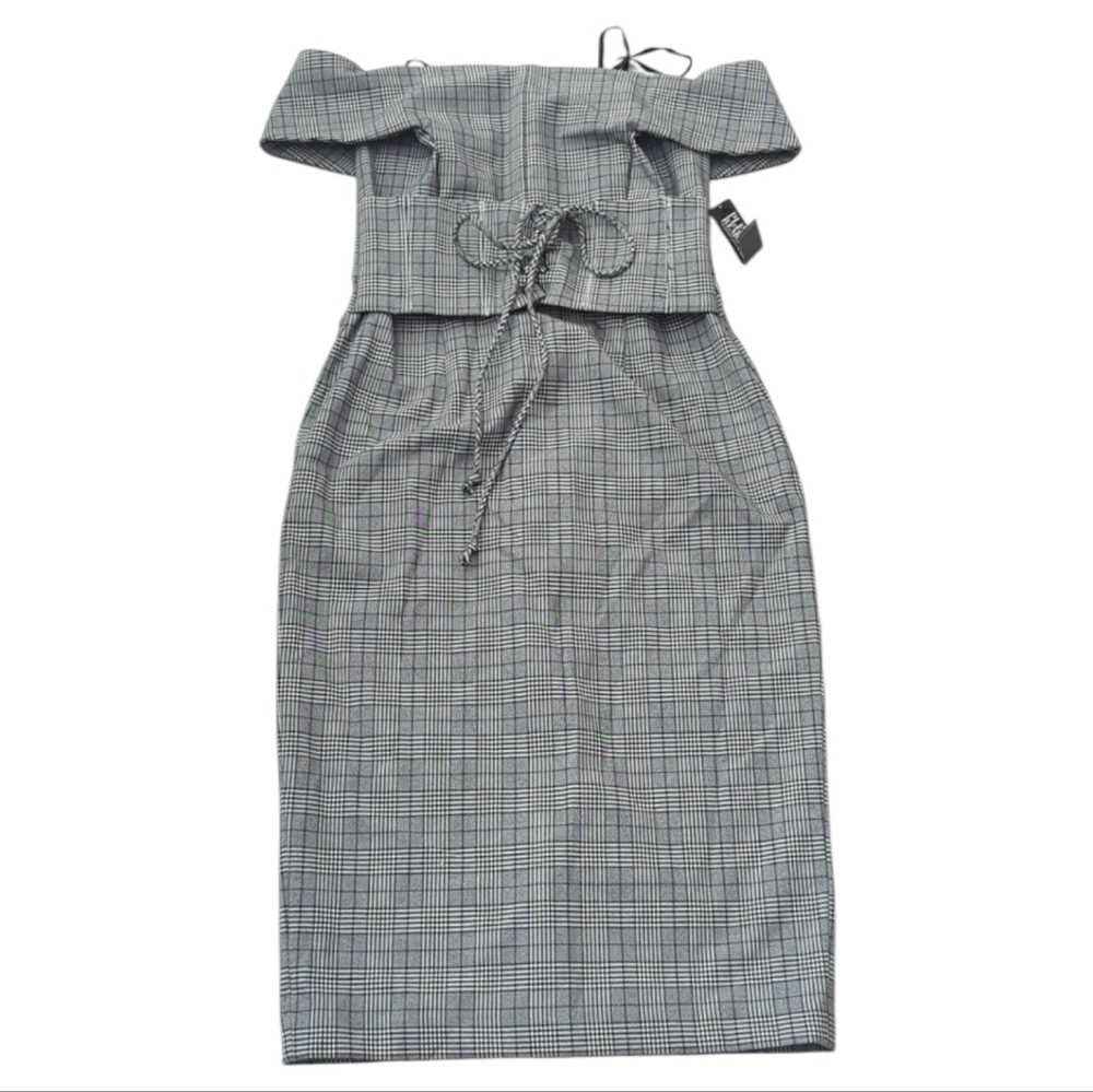 New York & Company Off The Shoulder Fitted Gray Plaid Dress Women's size 0
